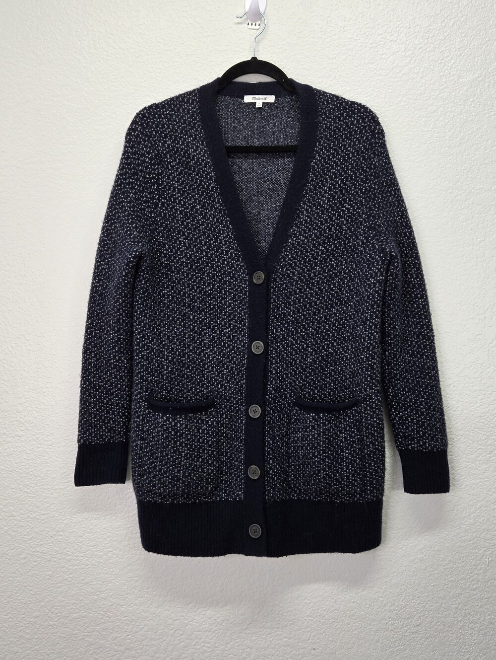 Madewell Birds Eye Maysfield Cardigan Sweater Coziest Yarn Navy Blue Womens Sml